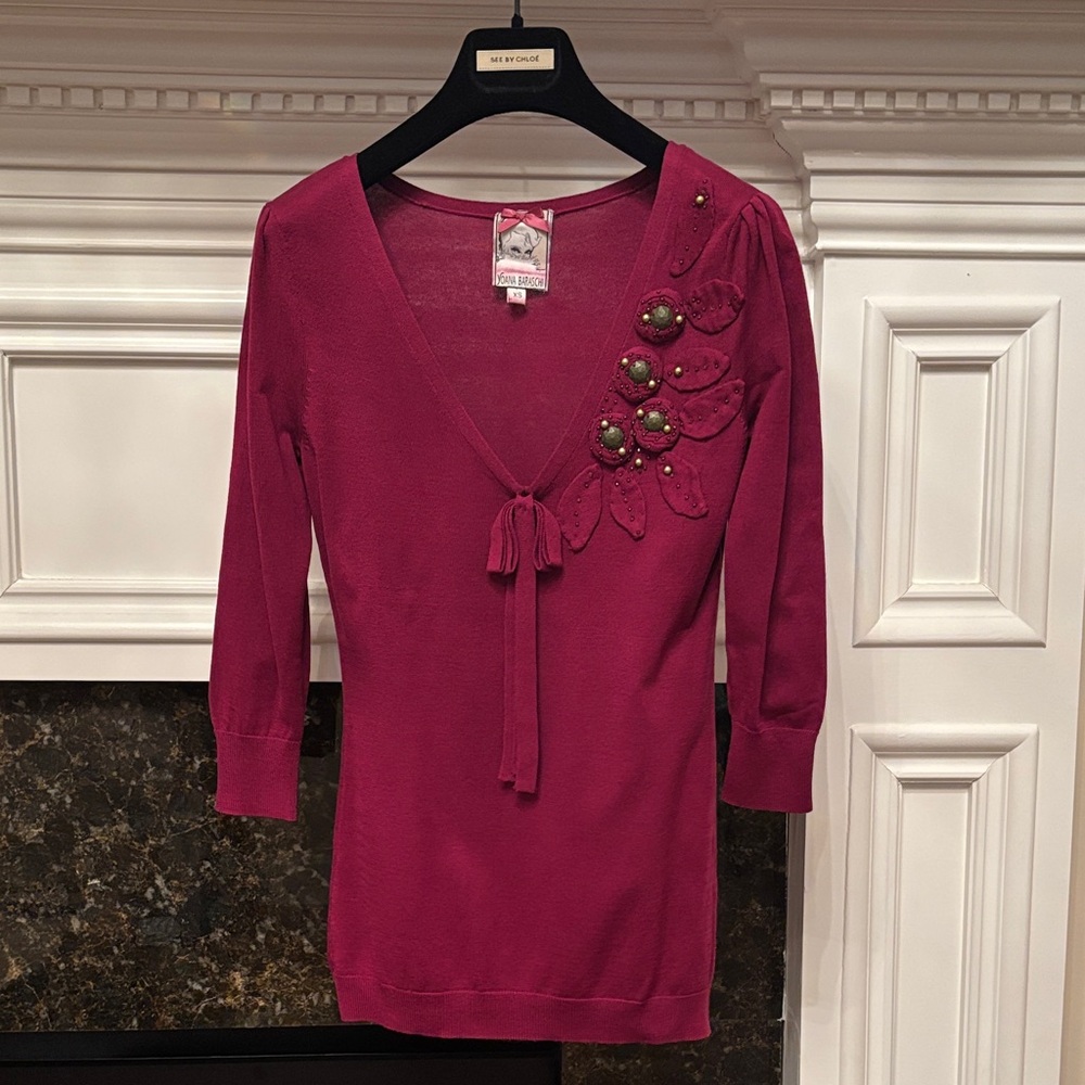 Yoana Baraschi silk blend v-neck purple sweater top with beaded appliqué sz.XS